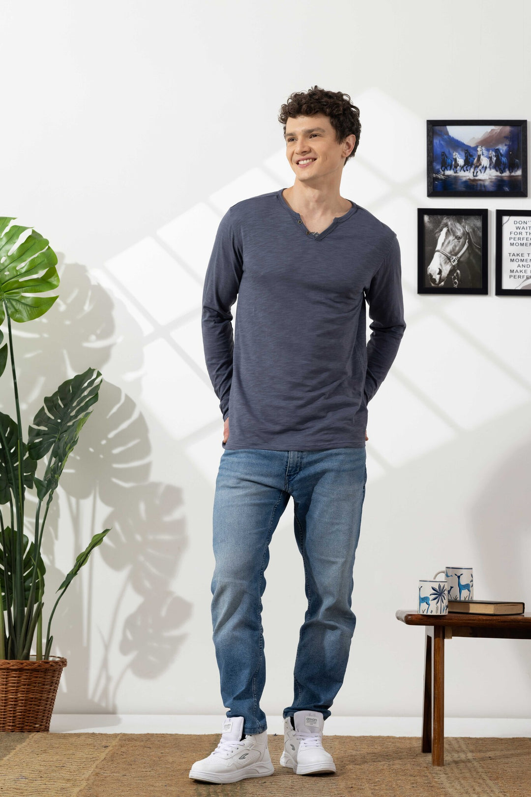 Anthra Cotton Slub Open Henley T-Shirt