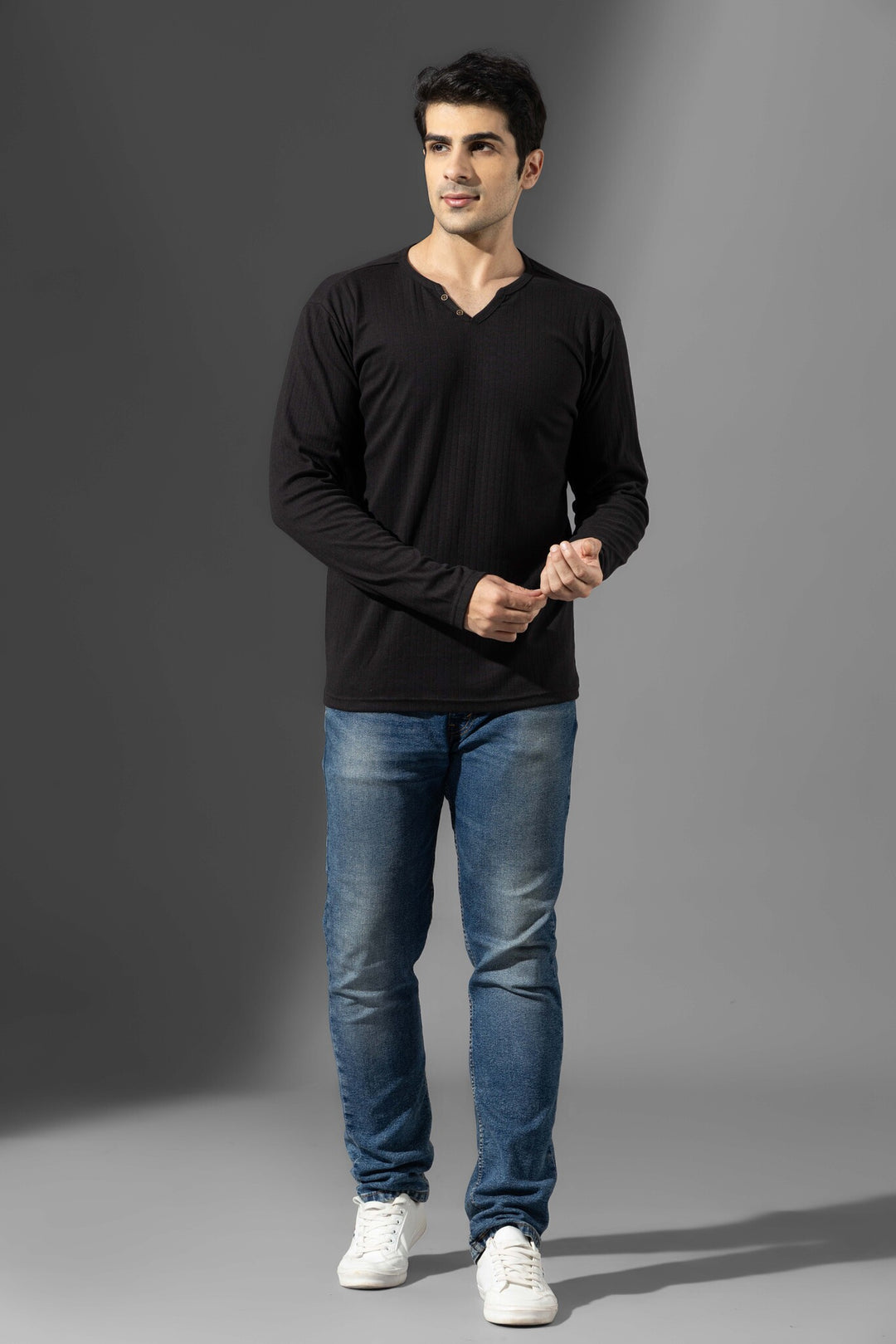 Black open Drop Needle Henley T-Shirt