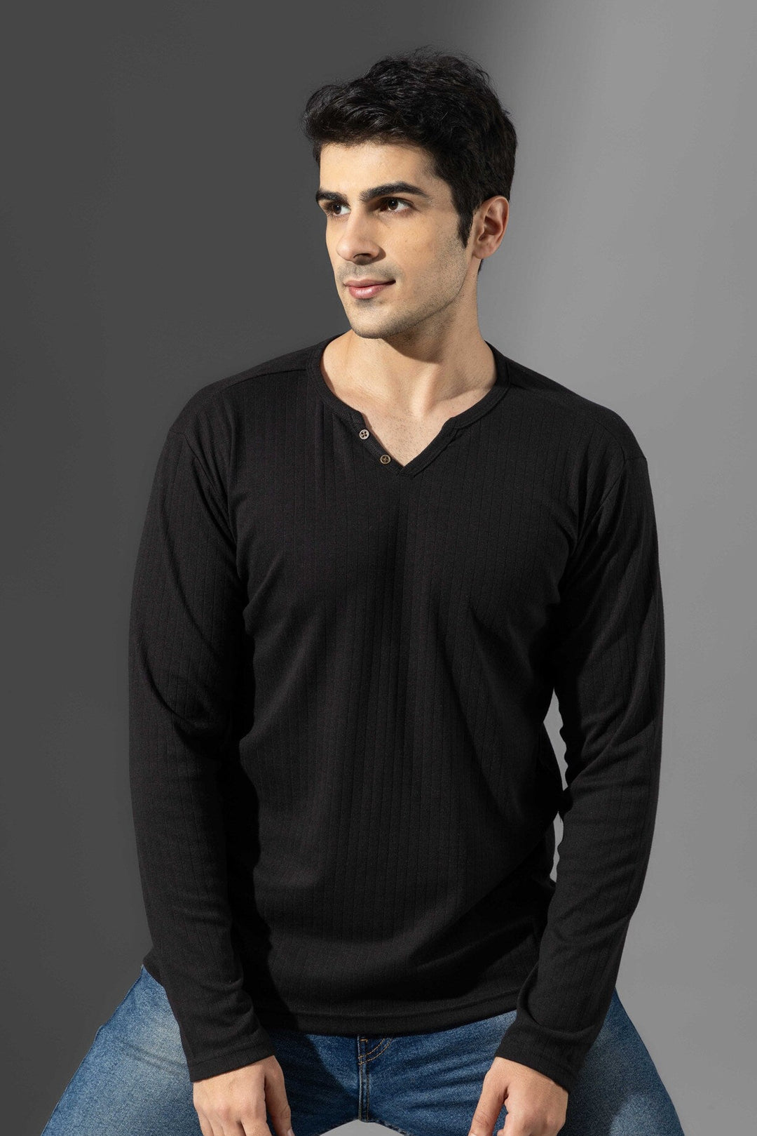 Black open Drop Needle Henley T-Shirt