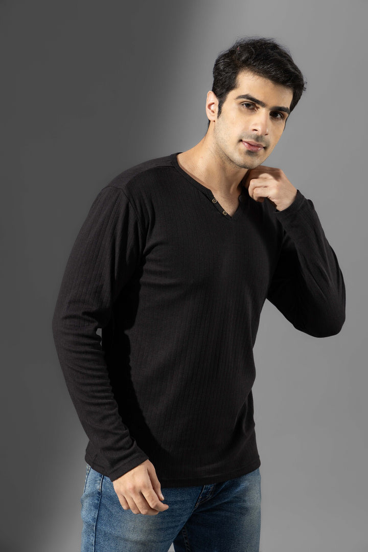 Black open Drop Needle Henley T-Shirt