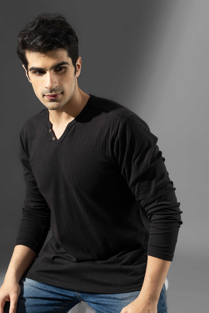 Black open Drop Needle Henley T-Shirt