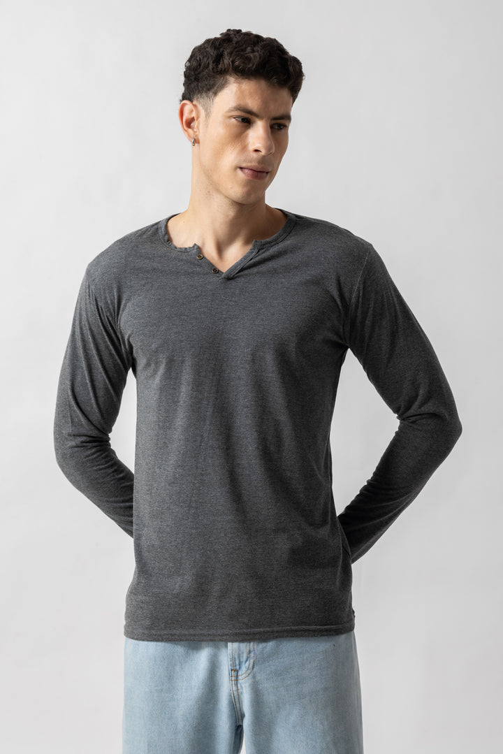 Grey Full Sleeve Self Design Henley T-Shirt