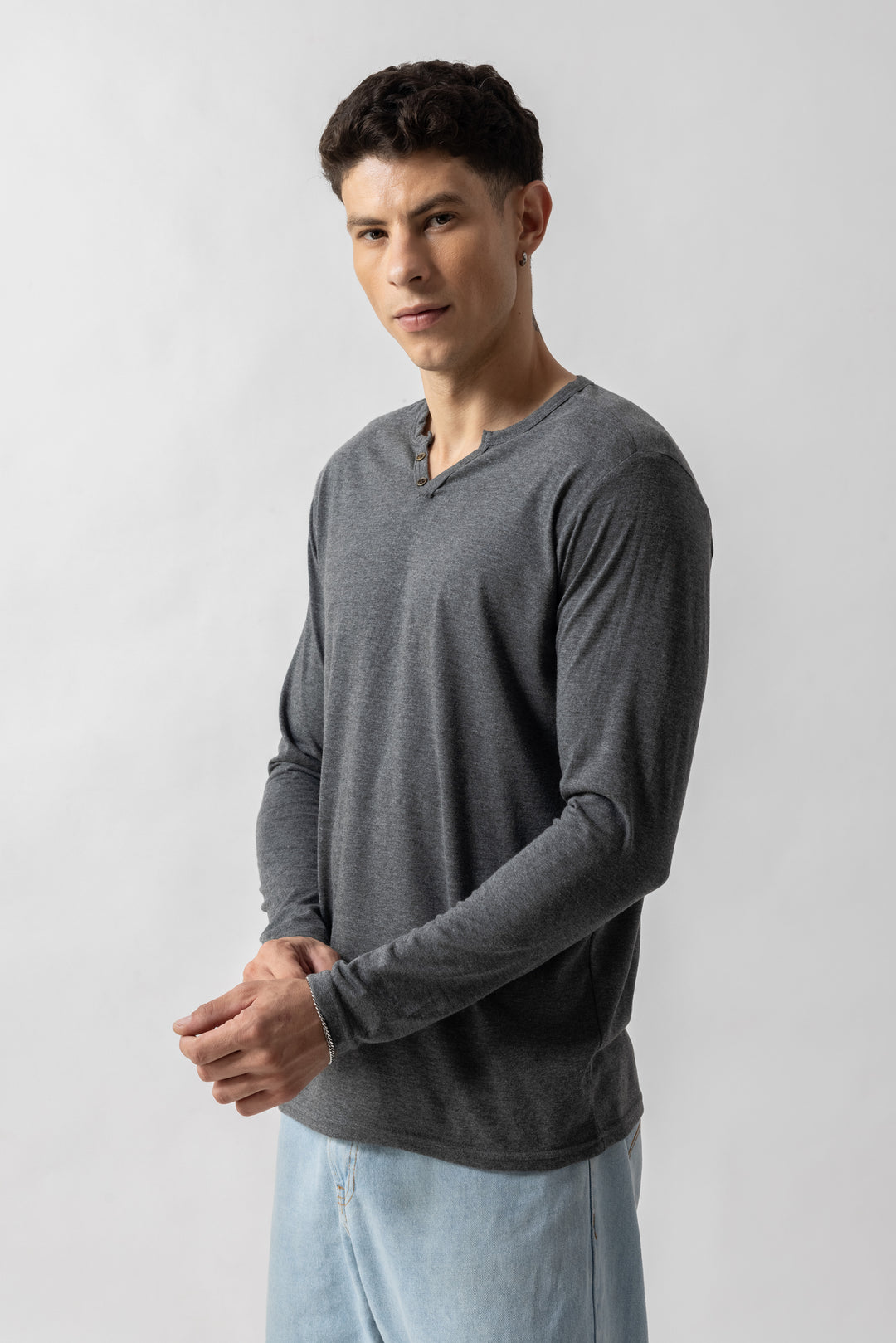Grey Full Sleeve Self Design Henley T-Shirt