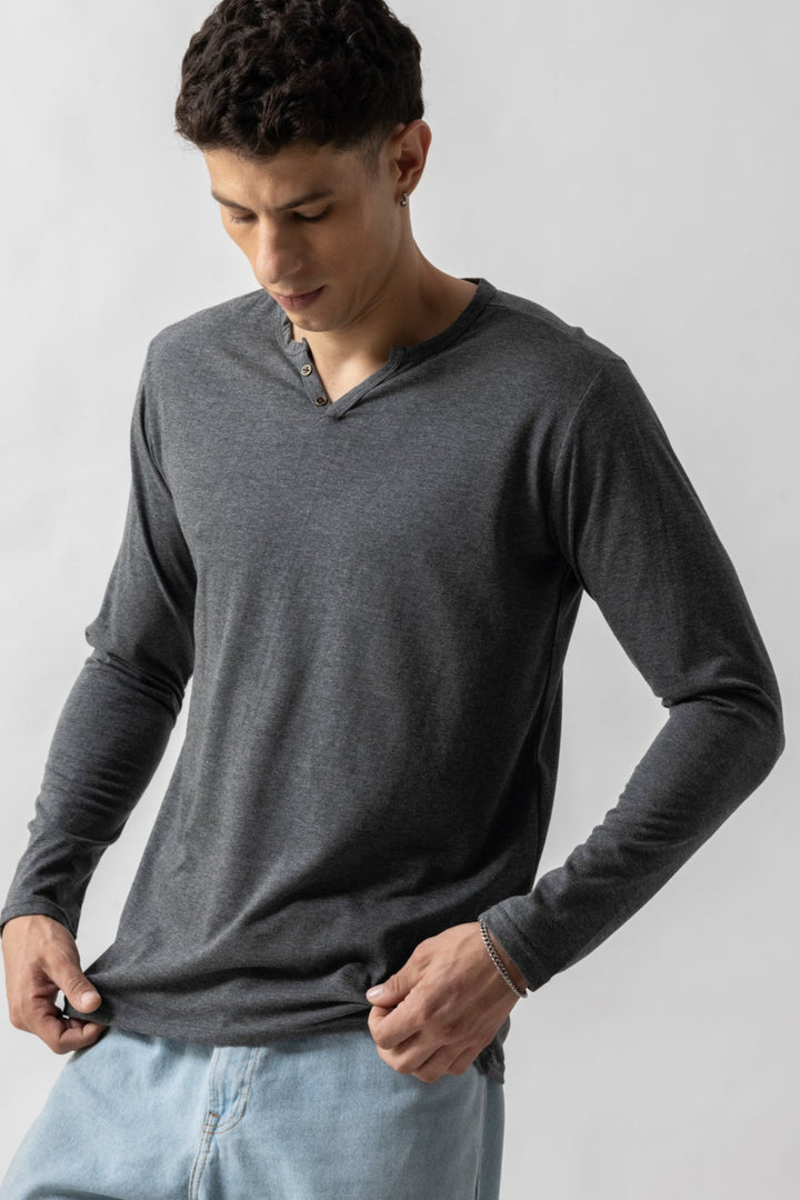 Grey Full Sleeve Self Design Henley T-Shirt