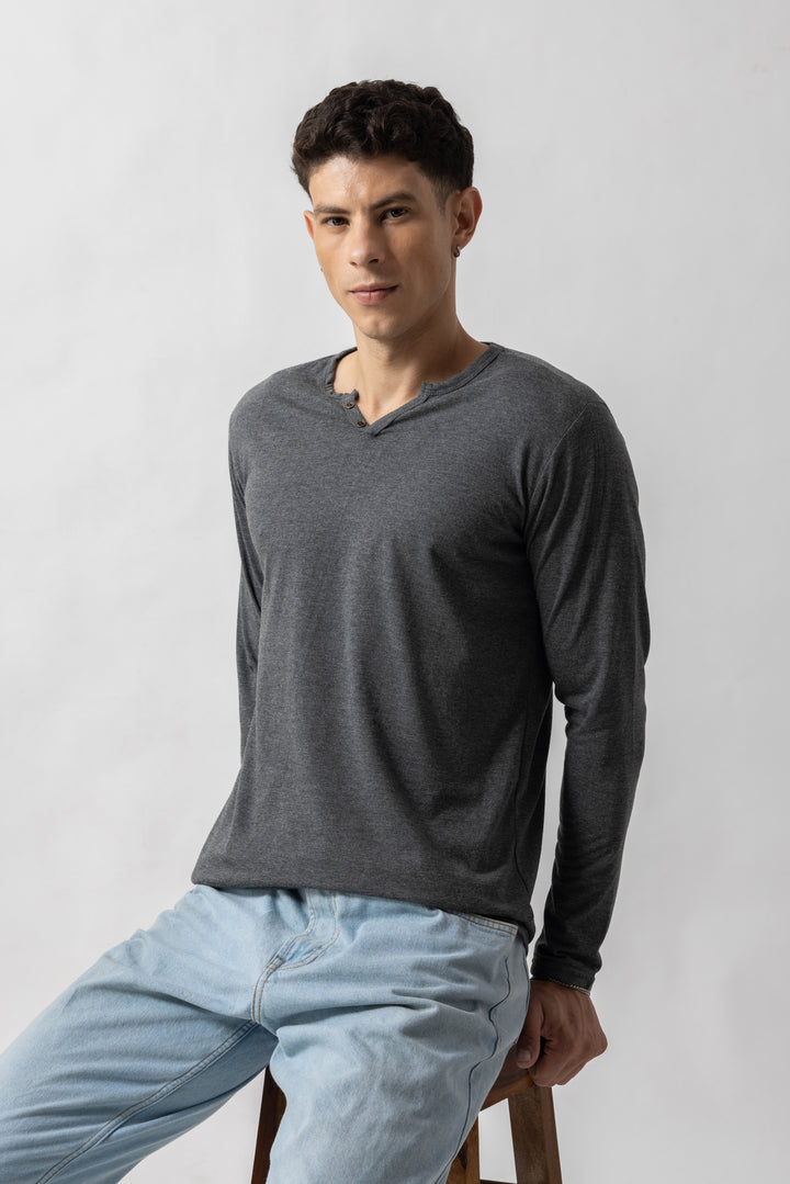 Grey Full Sleeve Self Design Henley T-Shirt