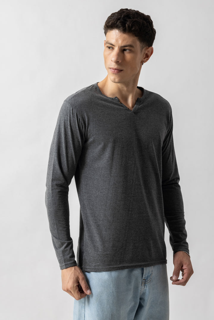 Grey Full Sleeve Self Design Henley T-Shirt