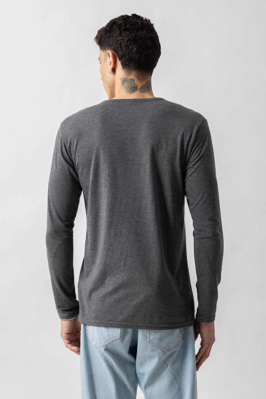 Grey Full Sleeve Self Design Henley T-Shirt