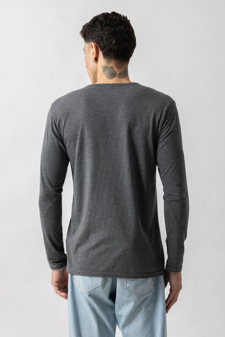 Grey Full Sleeve Self Design Henley T-Shirt