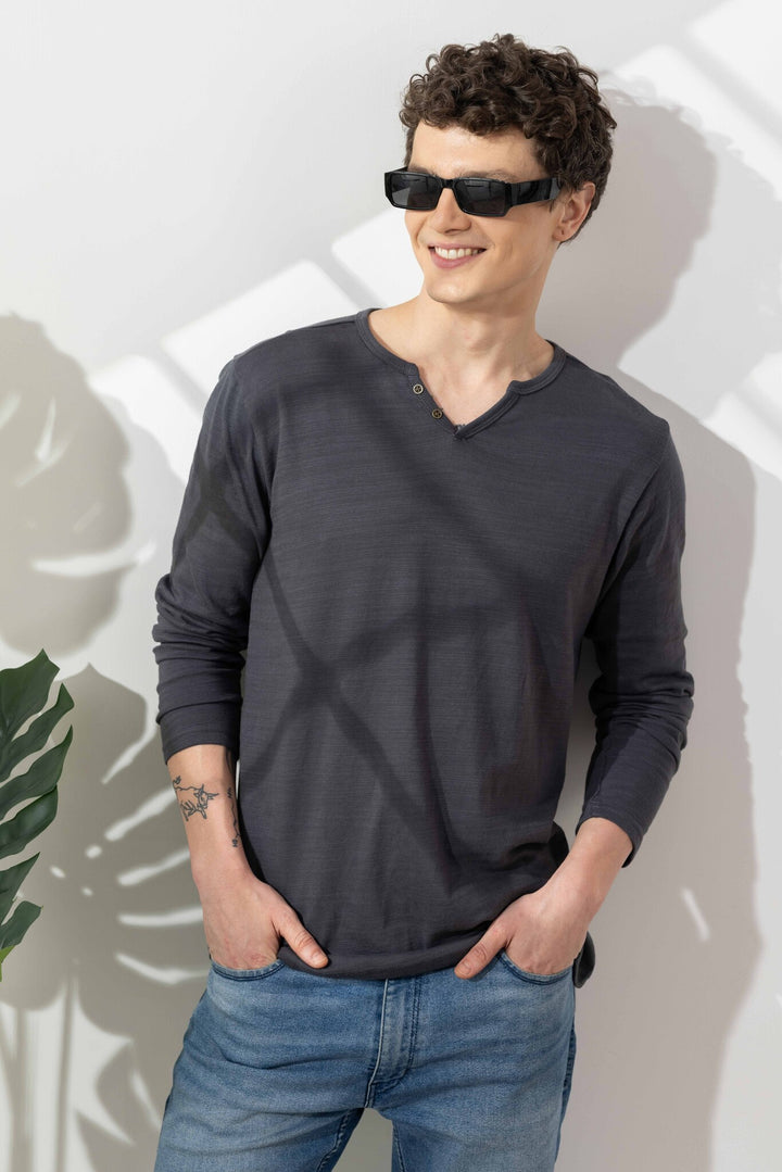 Dark Grey Cotton Slub Open Henley T-Shirt