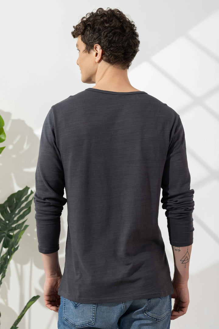 Dark Grey Cotton Slub Open Henley T-Shirt