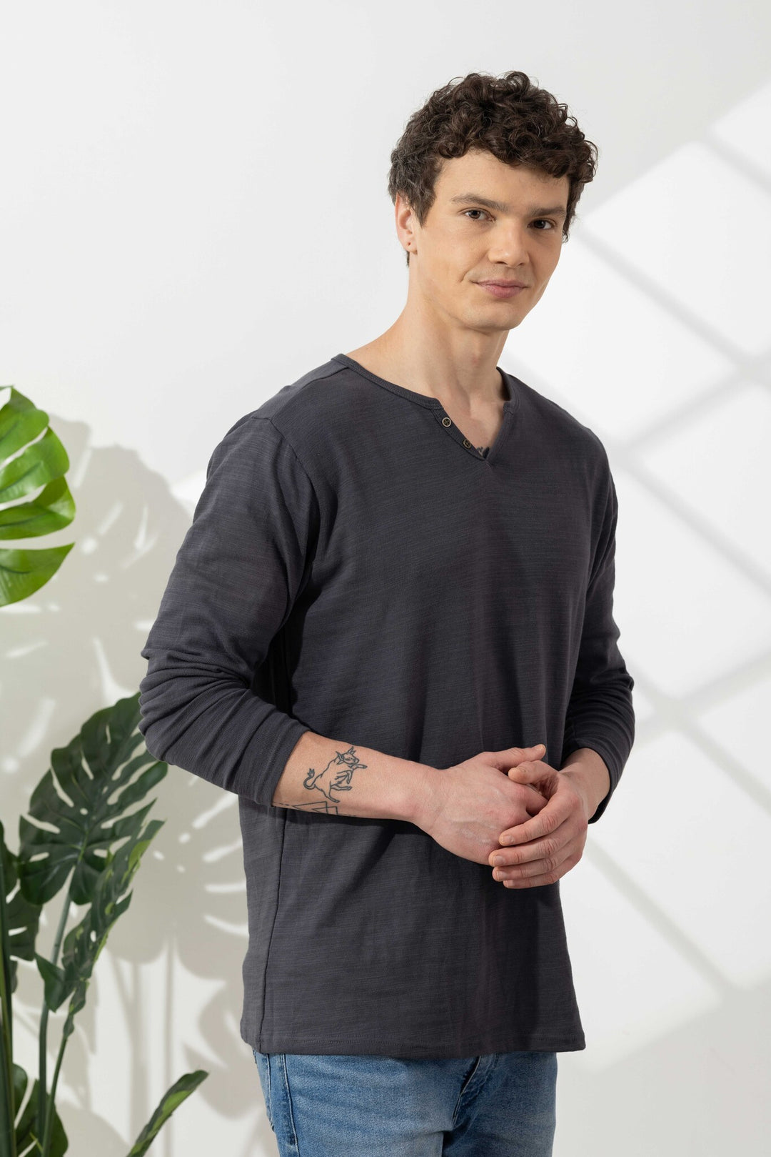 Dark Grey Cotton Slub Open Henley T-Shirt