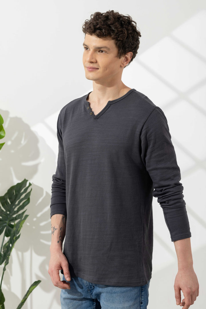 Dark Grey Cotton Slub Open Henley T-Shirt