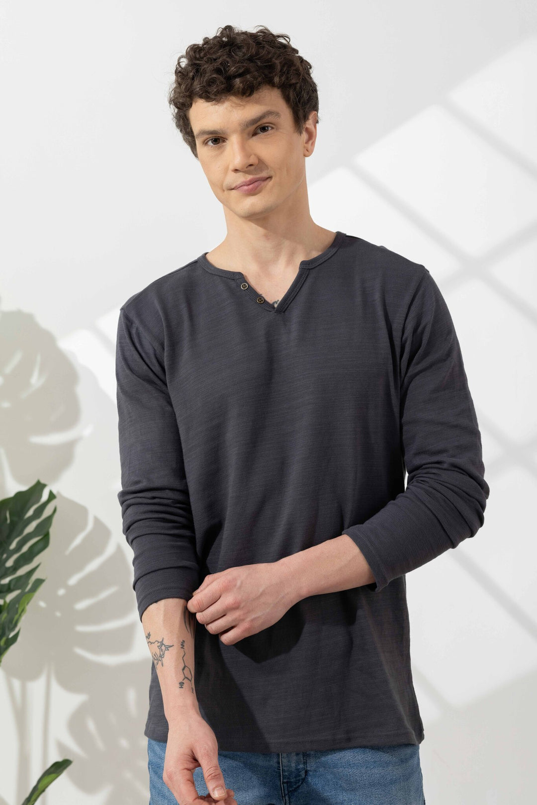 Dark Grey Cotton Slub Open Henley T-Shirt