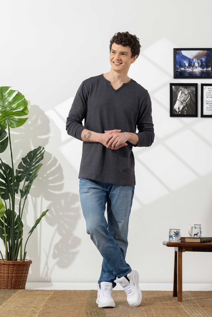 Dark Grey Cotton Slub Open Henley T-Shirt