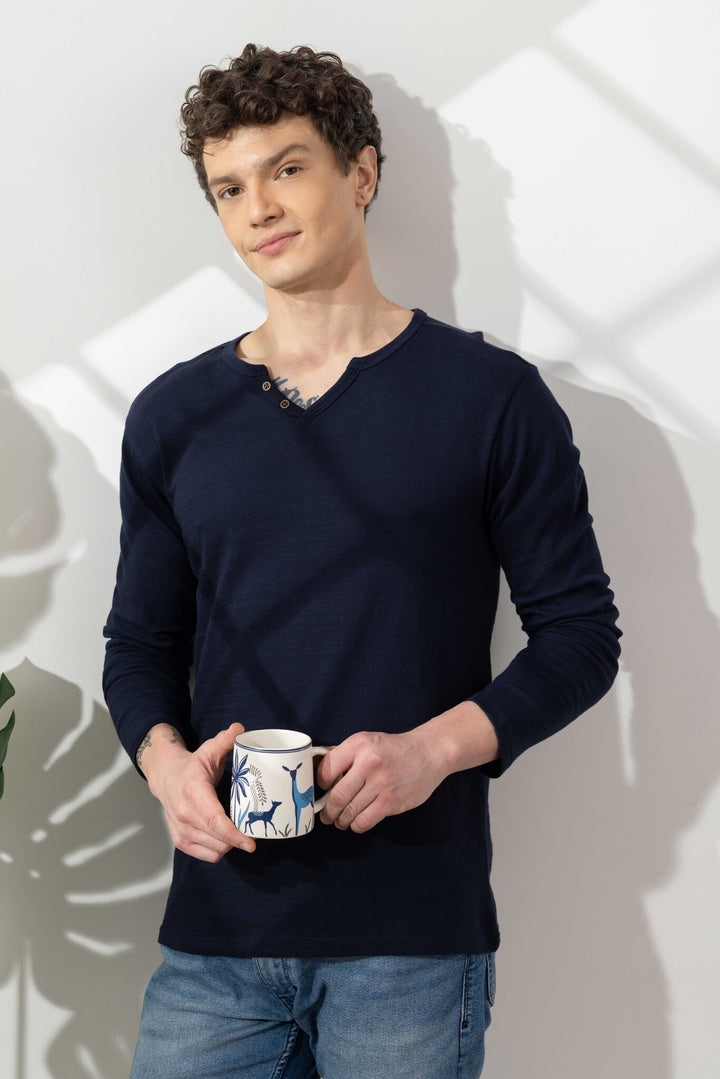 Navy Blue Cotton Slub Open Henley T-Shirt