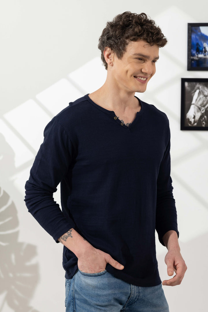 Navy Blue Cotton Slub Open Henley T-Shirt