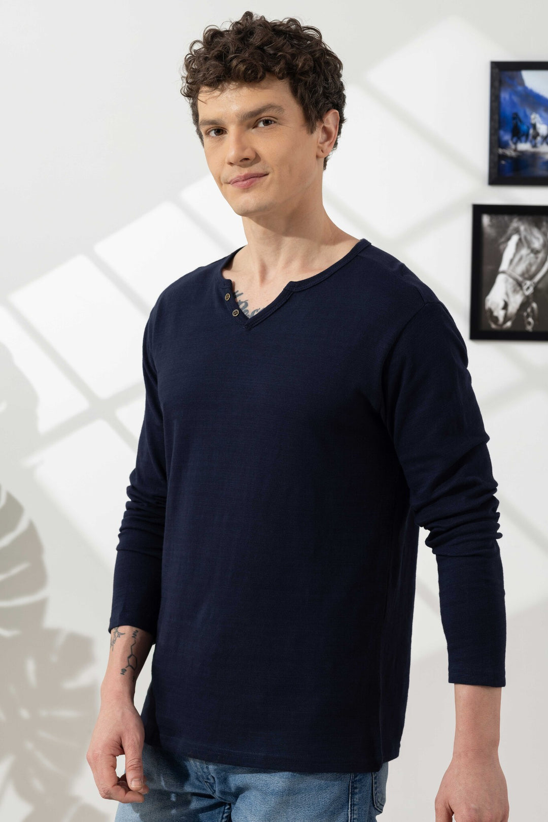 Navy Blue Cotton Slub Open Henley T-Shirt