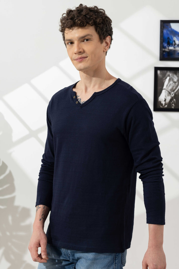 Navy Blue Cotton Slub Open Henley T-Shirt