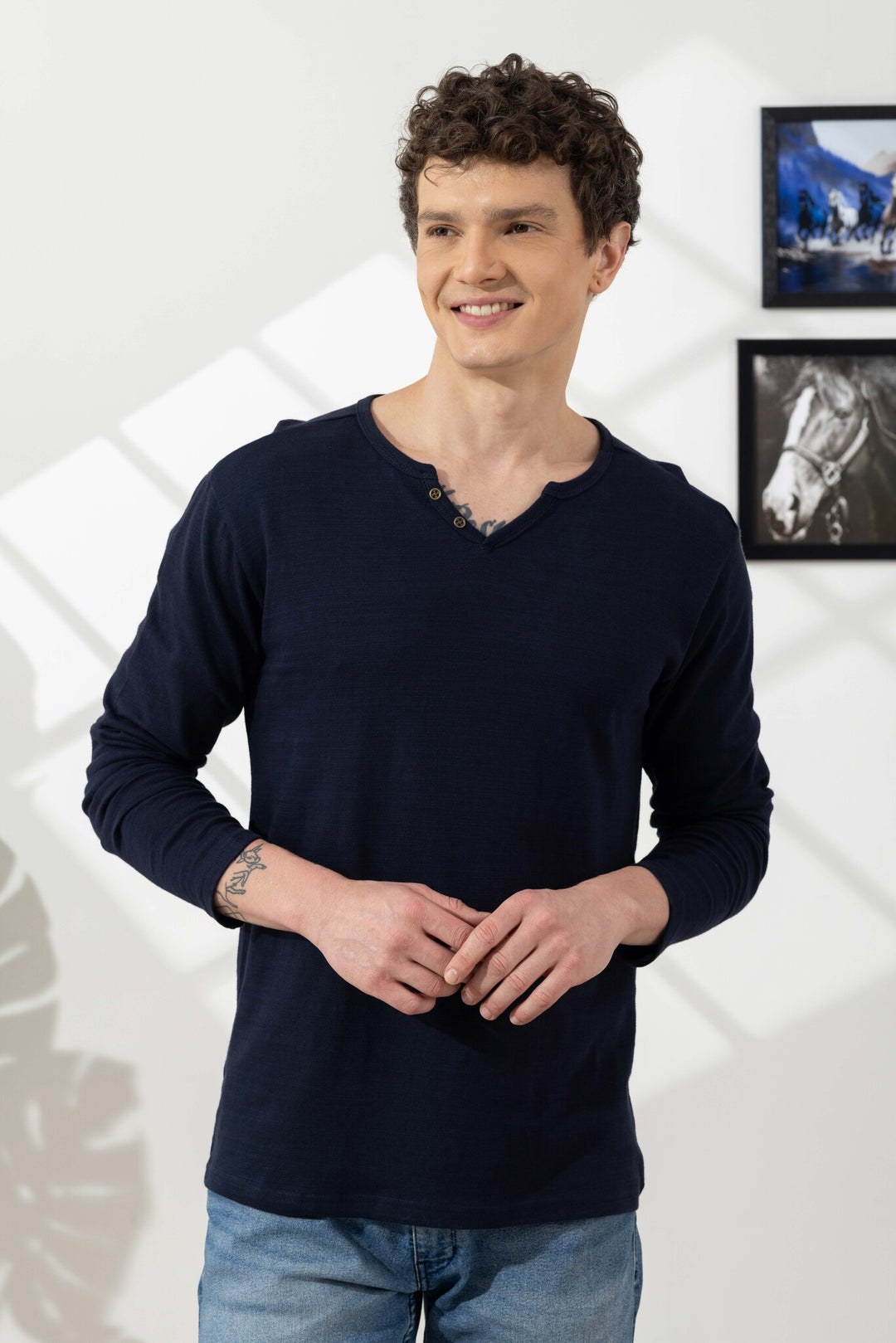 Navy Blue Cotton Slub Open Henley T-Shirt