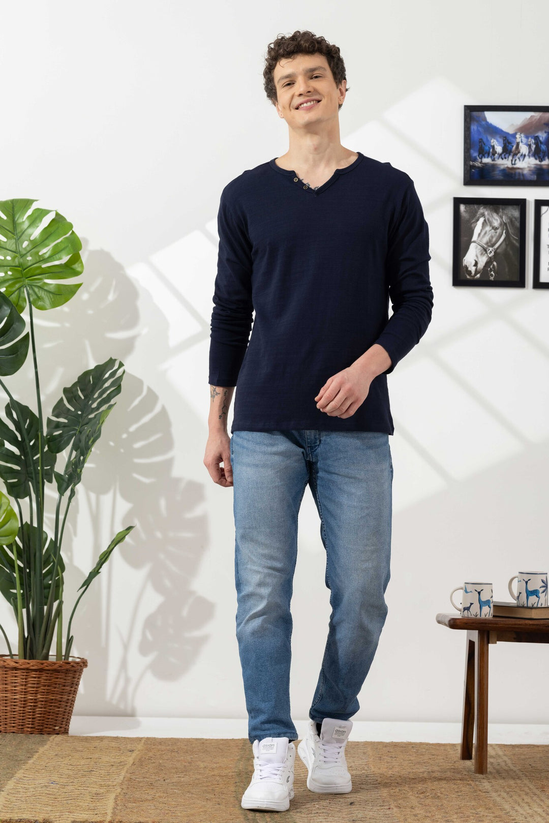 Navy Blue Cotton Slub Open Henley T-Shirt