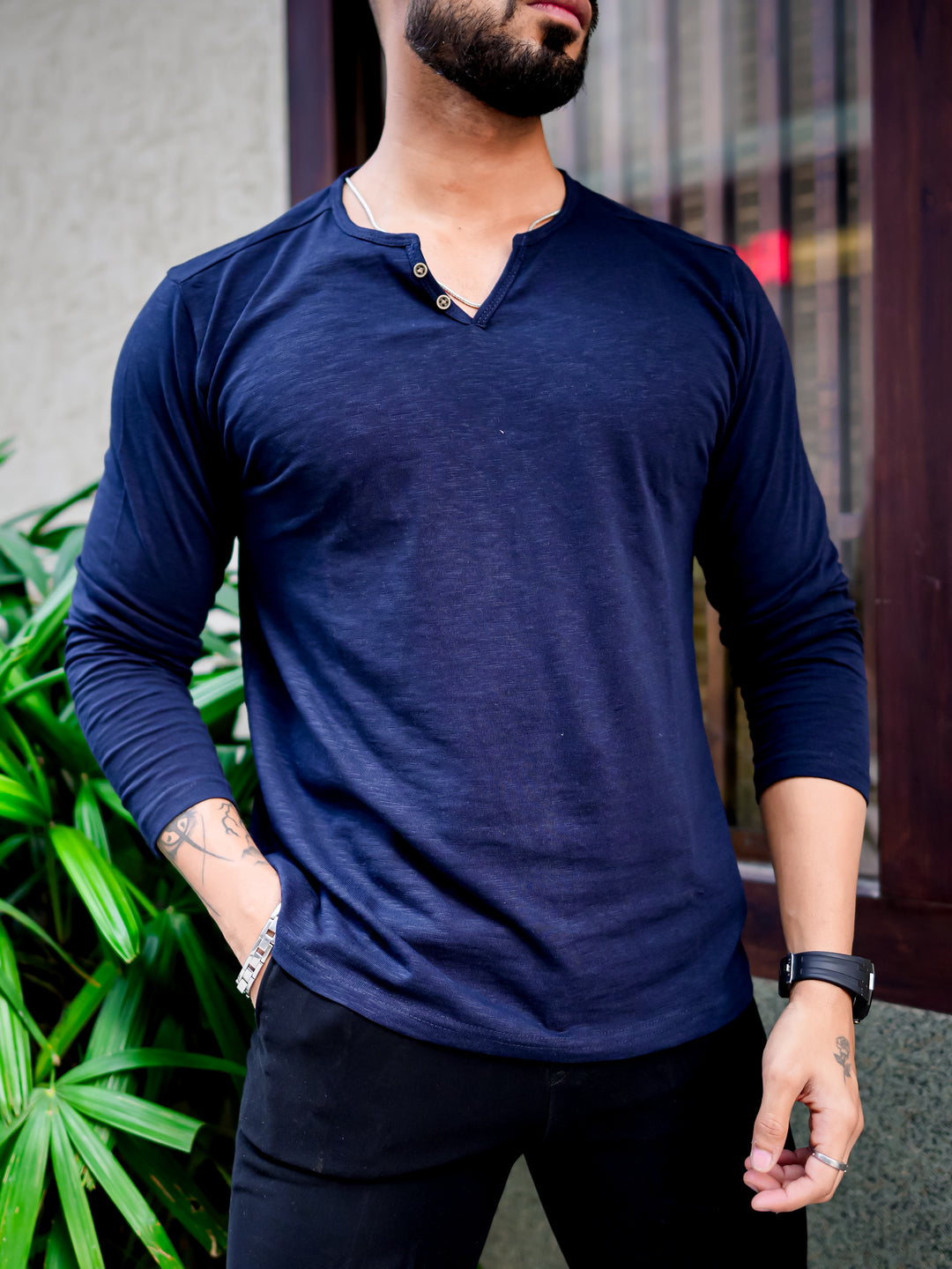 Dark Navy Open Slub Henley T-Shirt