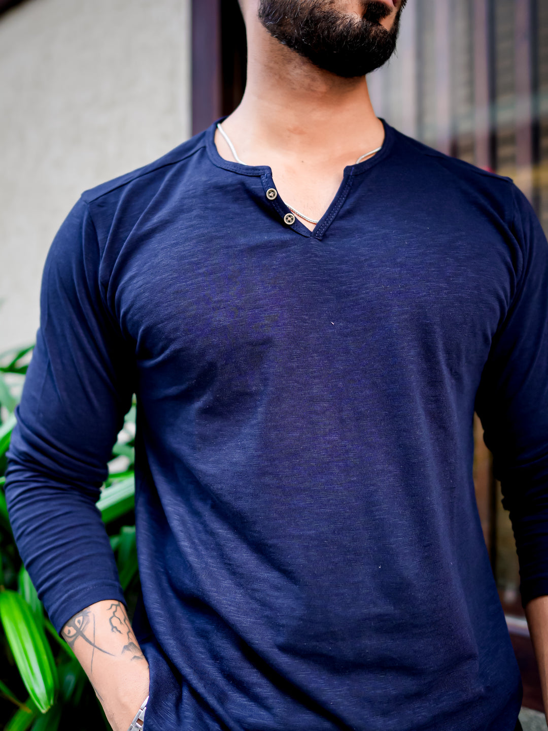 Dark Navy Open Slub Henley T-Shirt