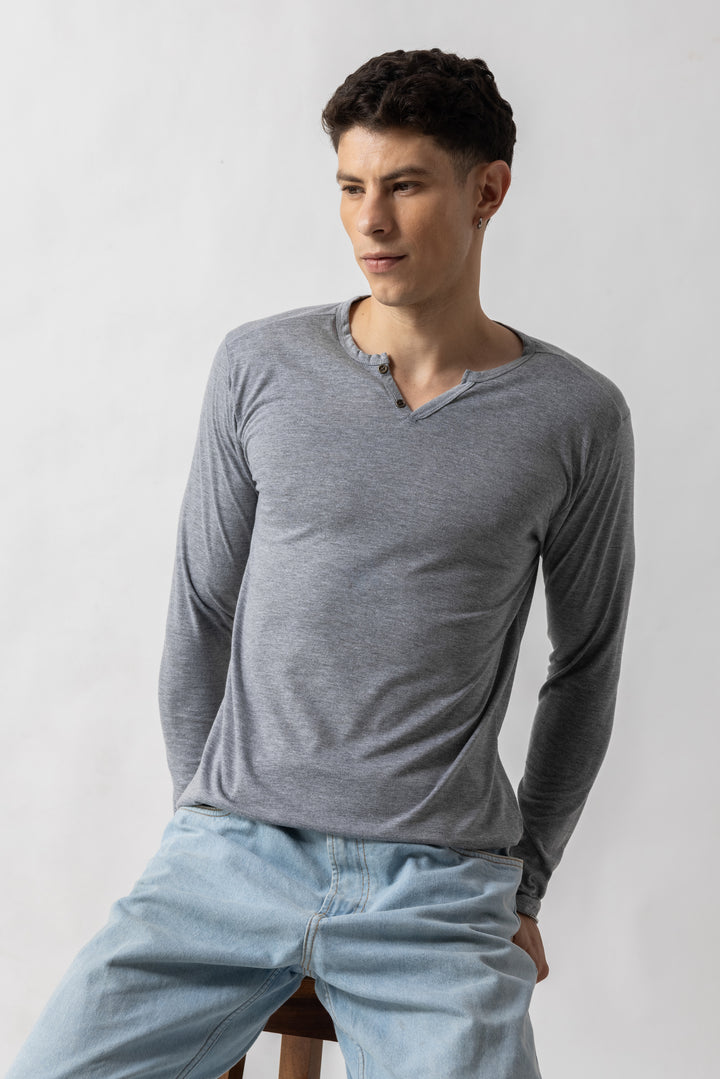 Grey Melange Open  Henley T-Shirt