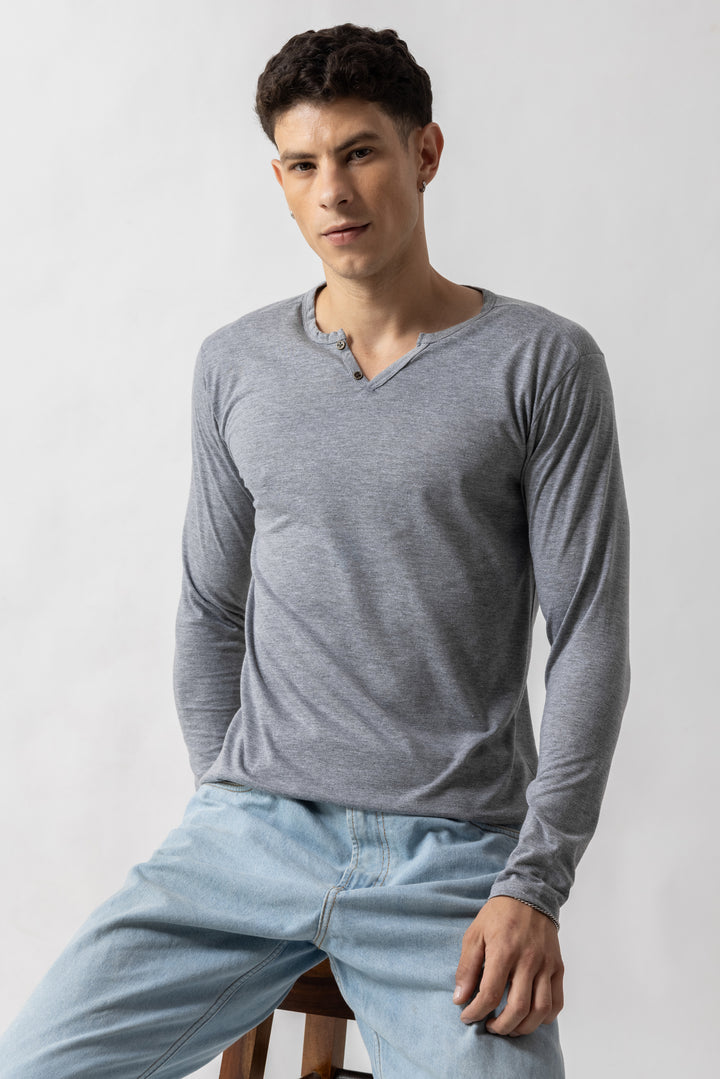 Grey Melange Open  Henley T-Shirt