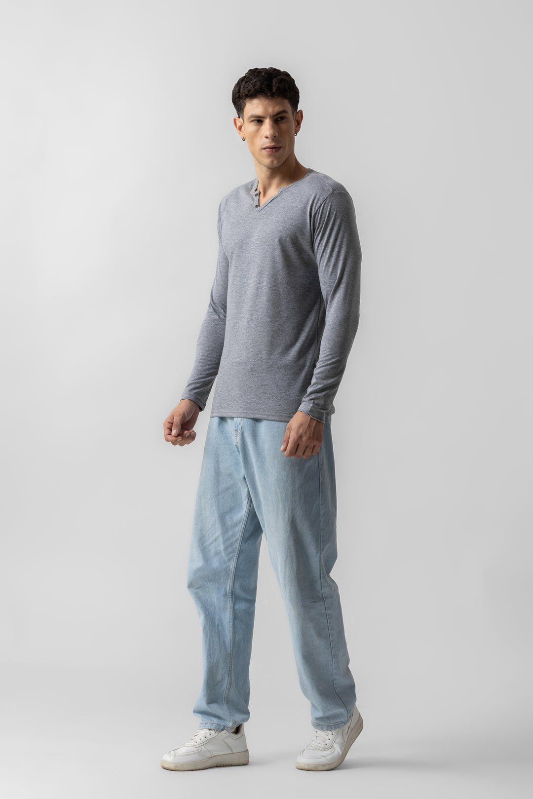 Grey Melange Open  Henley T-Shirt