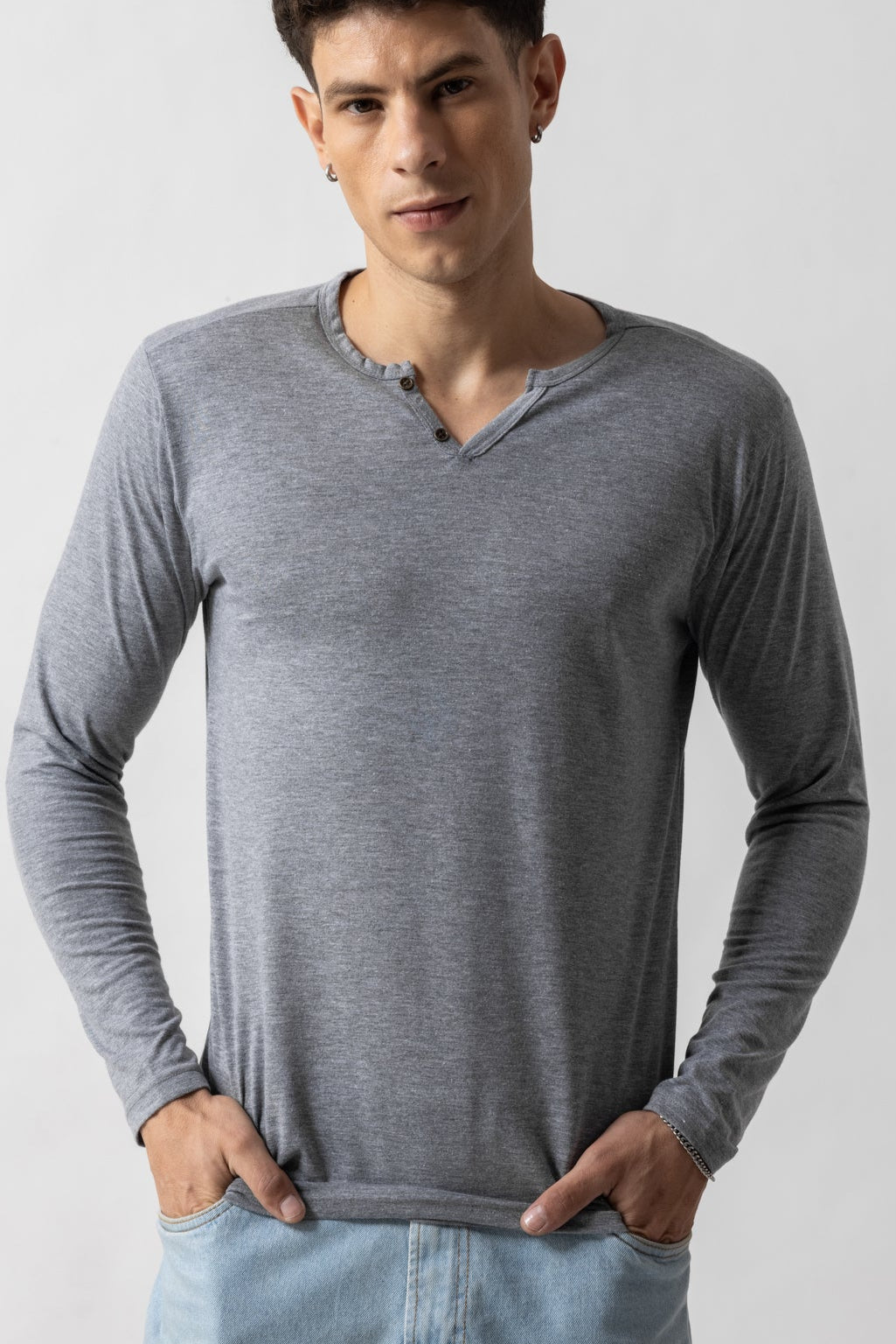 Grey Melange Open  Henley T-Shirt
