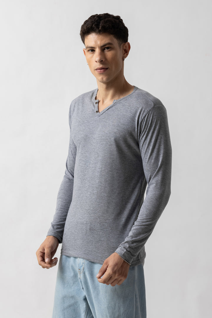 Grey Melange Open  Henley T-Shirt