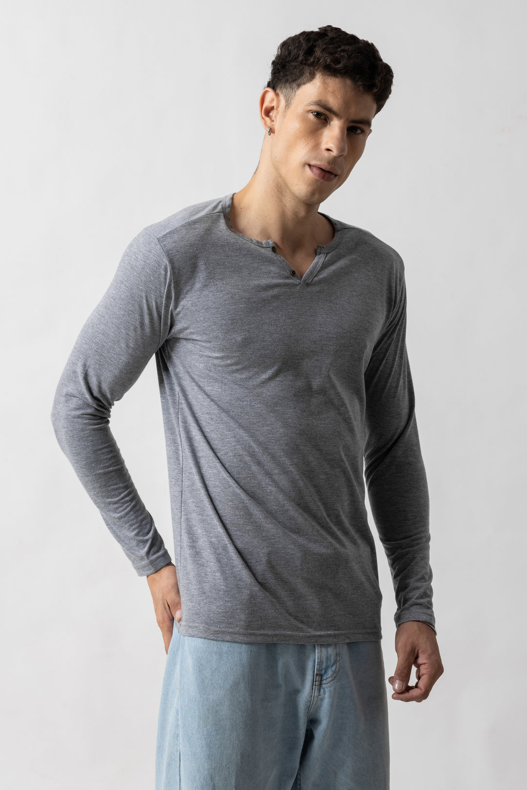 Grey Melange Open  Henley T-Shirt