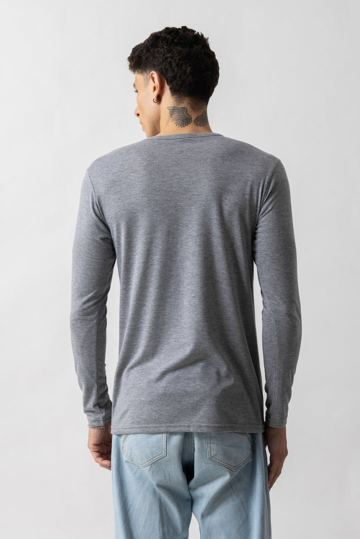 Grey Melange Open  Henley T-Shirt