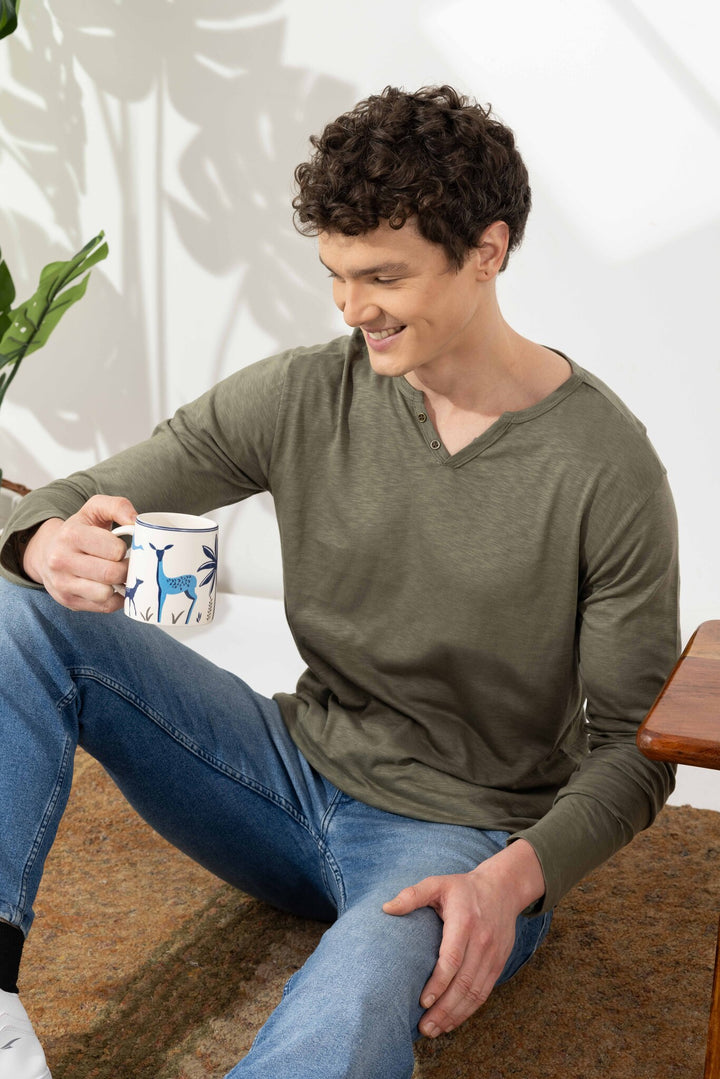 Green Cotton Slub Open Henley T-Shirt