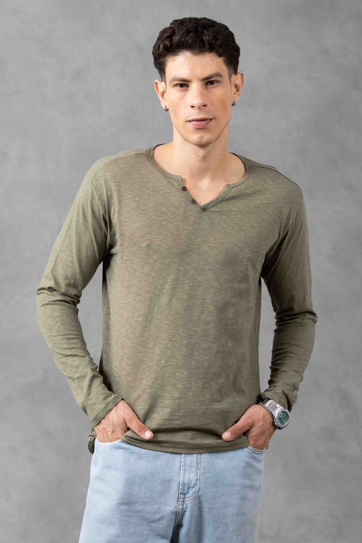 Green Full Sleeve Open Slub Henley T-Shirt