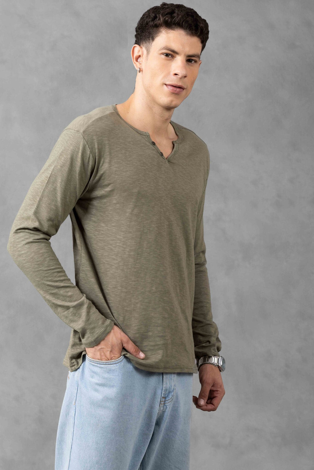 Green Full Sleeve Open Slub Henley T-Shirt