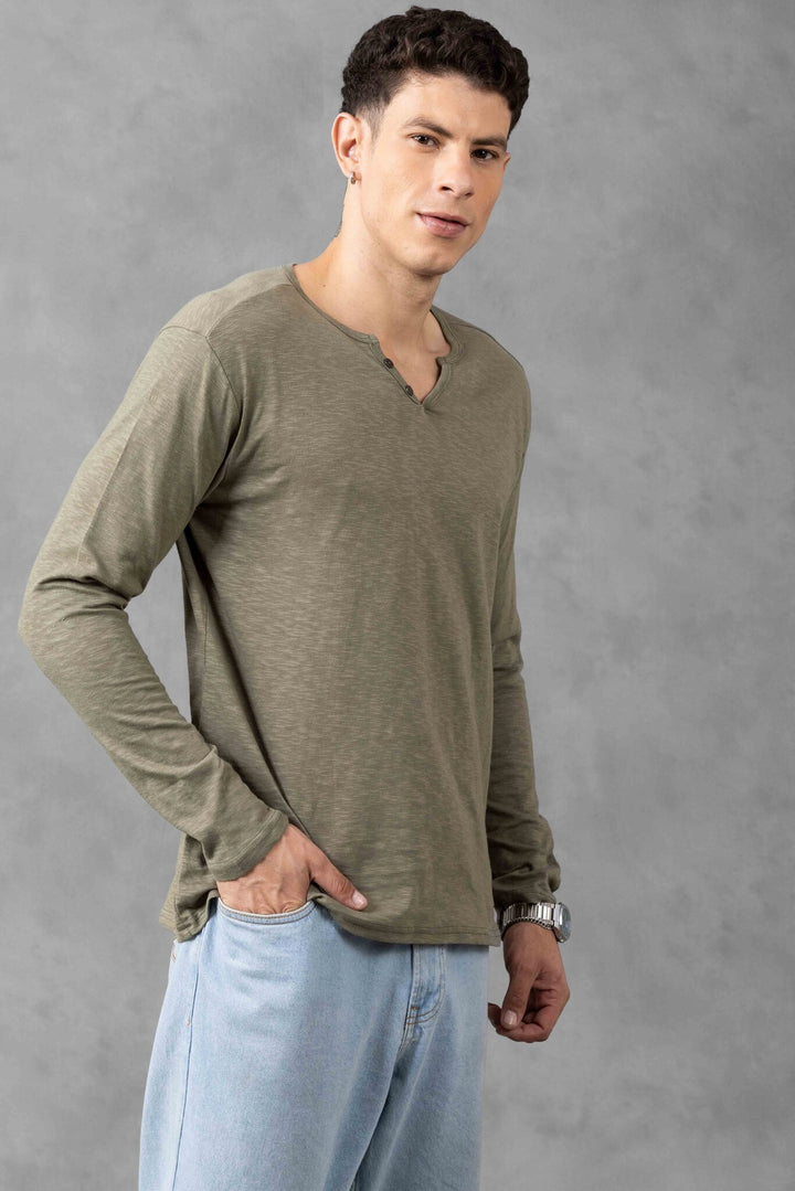 Green Full Sleeve Open Slub Henley T-Shirt