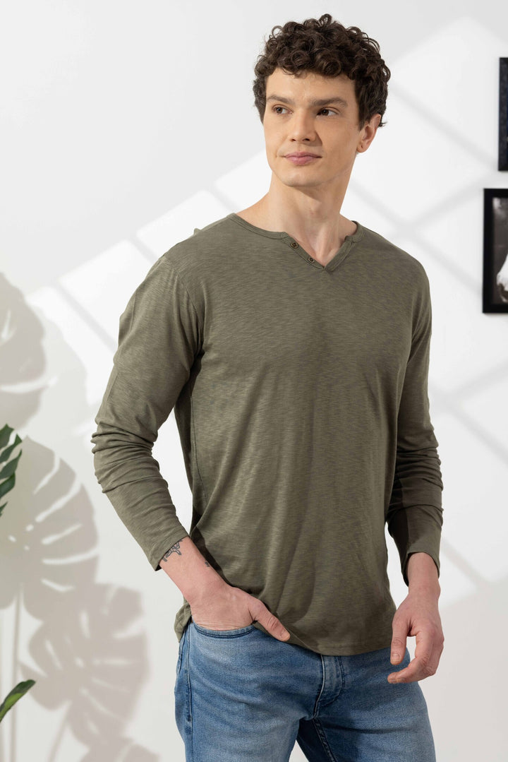 Green Cotton Slub Open Henley T-Shirt