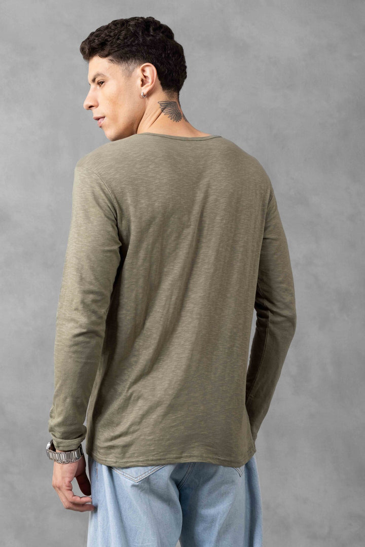 Green Full Sleeve Open Slub Henley T-Shirt