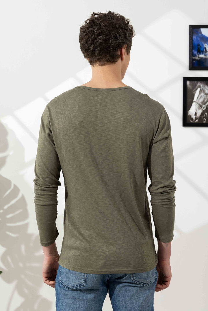 Green Cotton Slub Open Henley T-Shirt