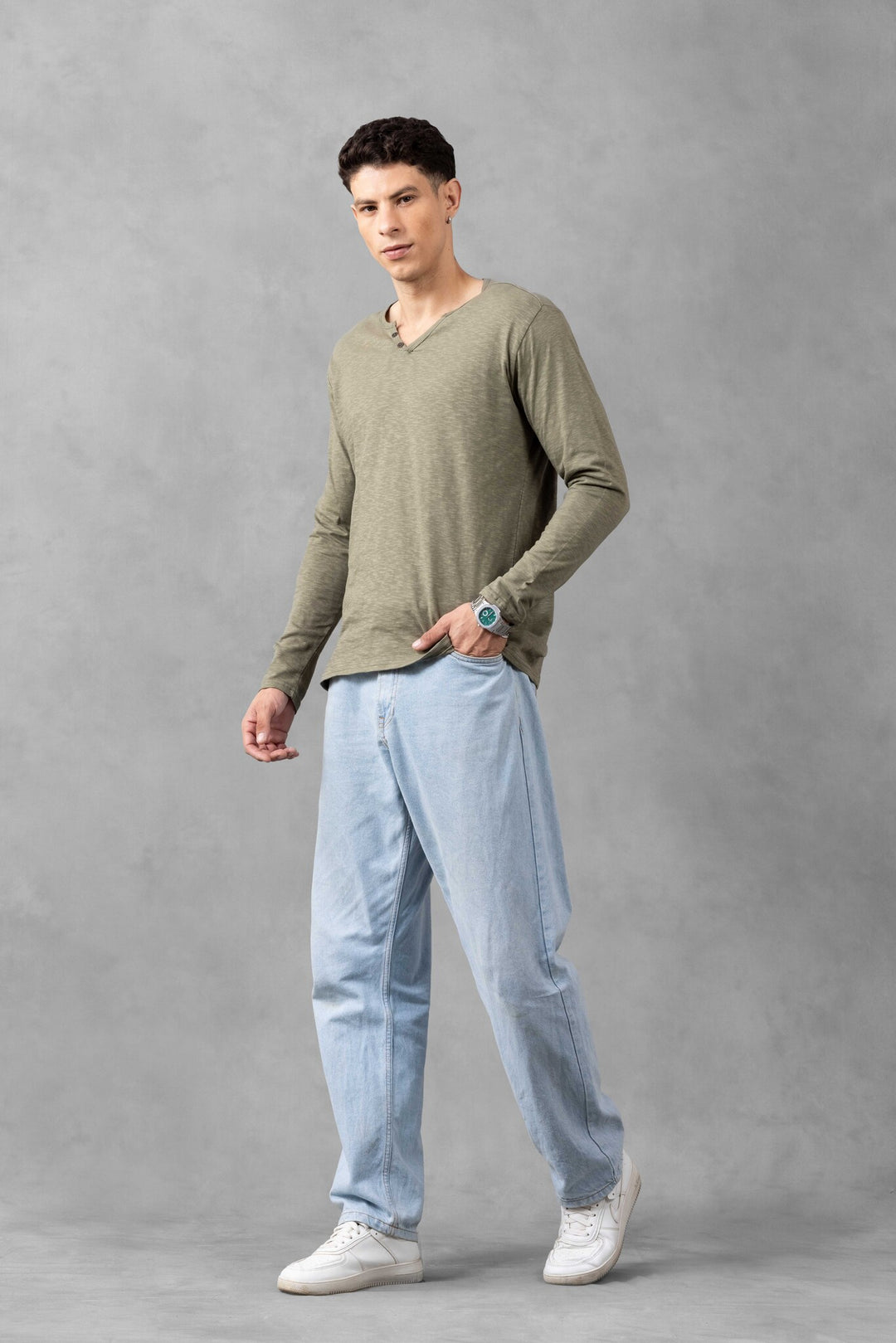 Green Full Sleeve Open Slub Henley T-Shirt