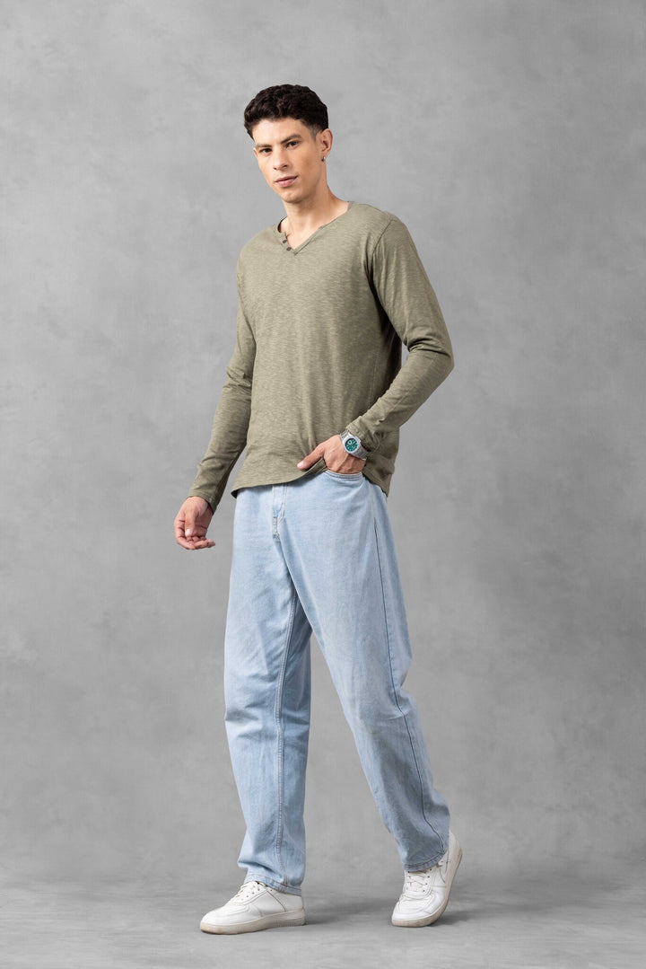 Green Full Sleeve Open Slub Henley T-Shirt