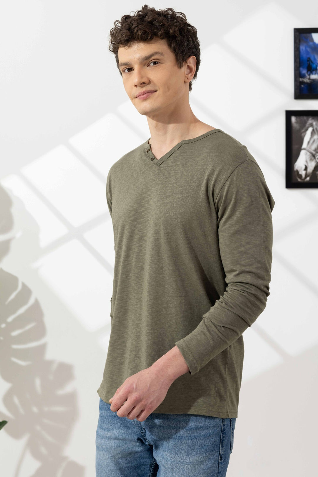 Green Cotton Slub Open Henley T-Shirt