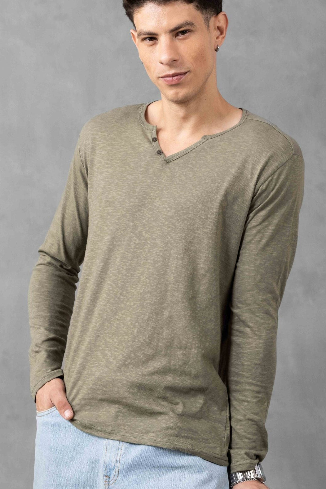 Green Full Sleeve Open Slub Henley T-Shirt