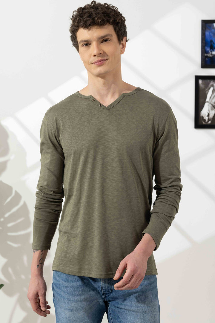 Green Cotton Slub Open Henley T-Shirt
