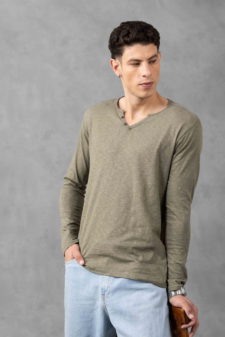Green Full Sleeve Open Slub Henley T-Shirt