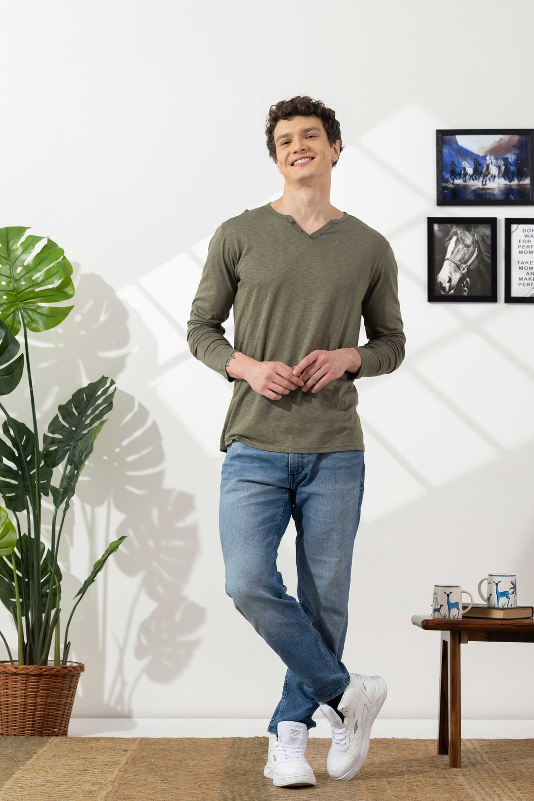 Green Cotton Slub Open Henley T-Shirt