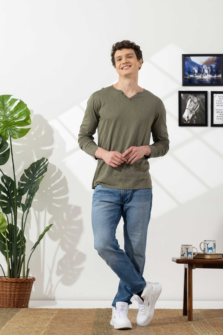 Green Cotton Slub Open Henley T-Shirt
