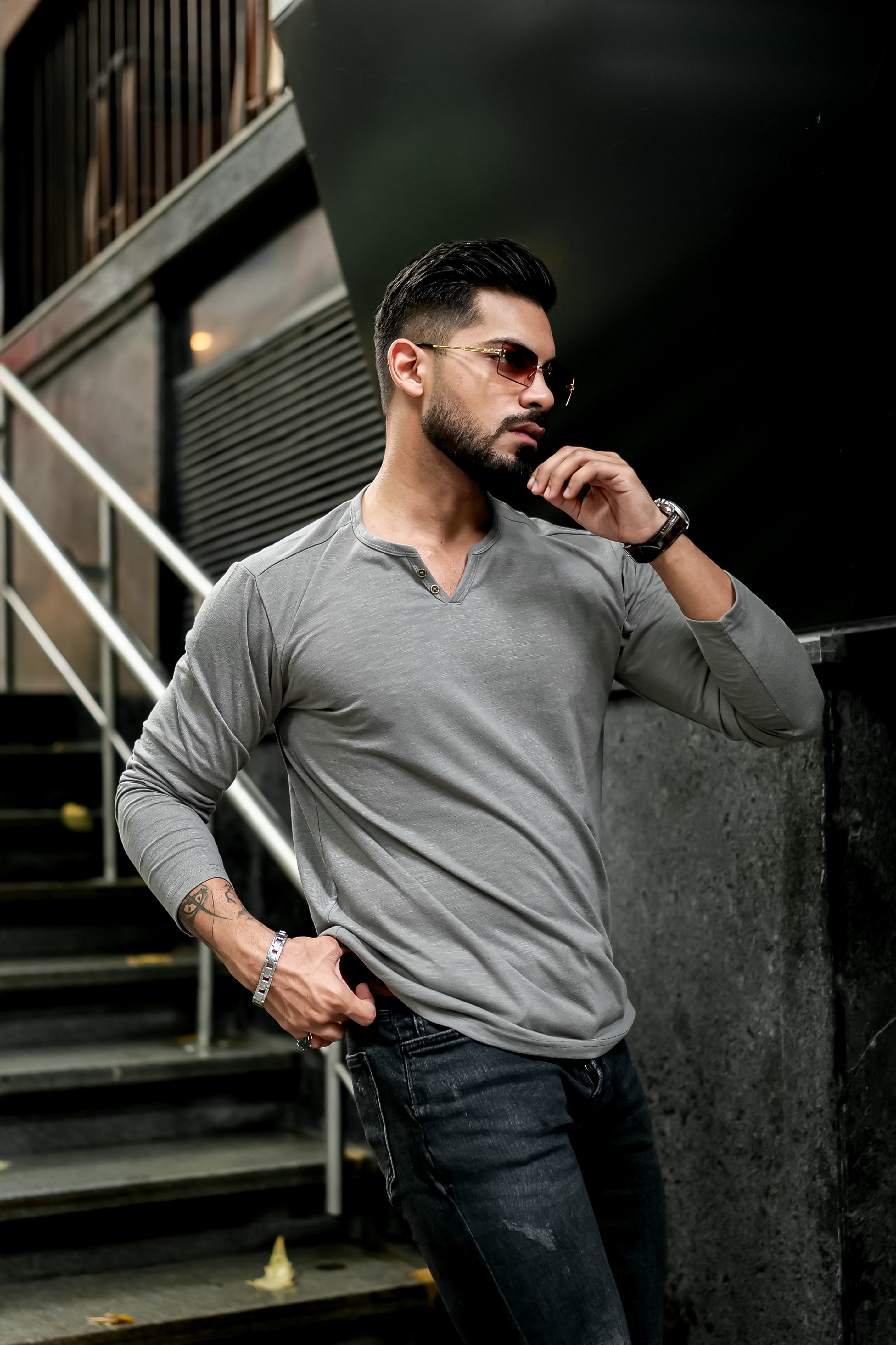 Grey Slub Open Henley Neck T-Shirt – Gritstones