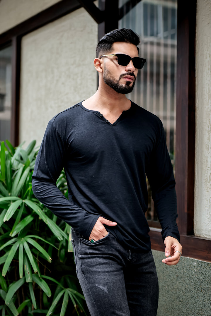 Black Self Design Open Slub Henley T-Shirt